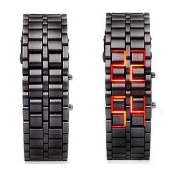 LED Digital Watch, Black & Red Stainless‎ Steel Lava Style, Samurai Bracelet - Picture 2 of 13